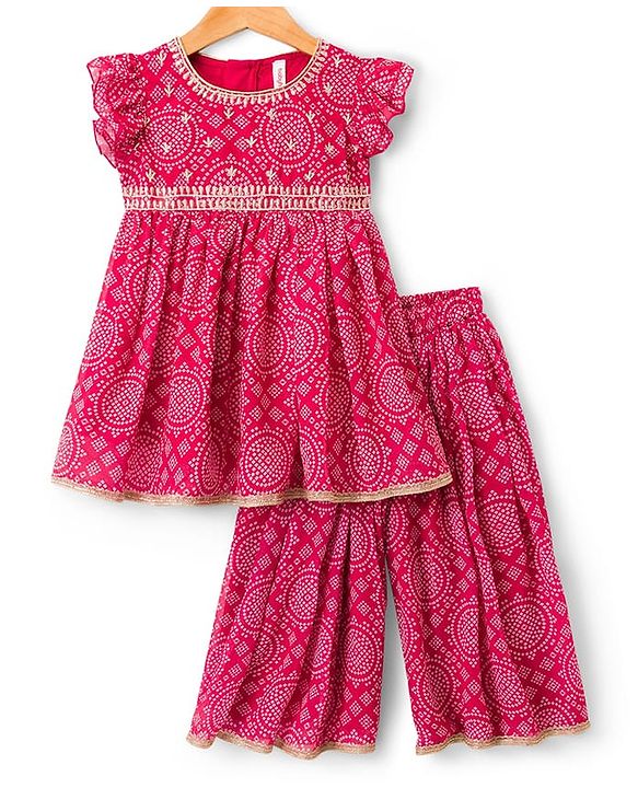 Babyhug Rayon Woven Frill Sleeves Printed Kurti Sharara with Dupatta - Dark Pink