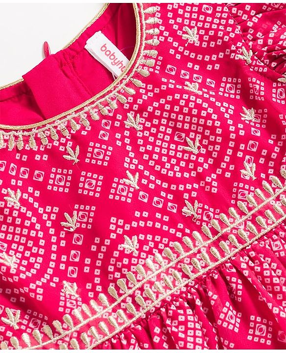 Babyhug Rayon Woven Frill Sleeves Printed Kurti Sharara with Dupatta - Dark Pink