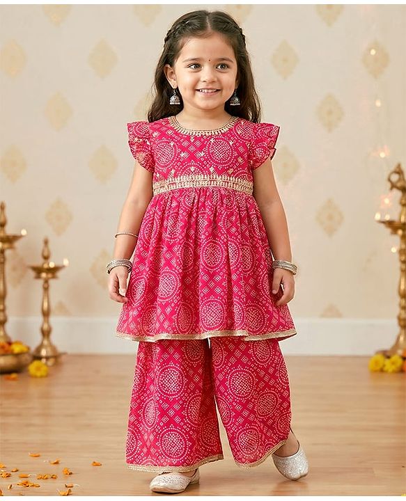 Babyhug Rayon Woven Frill Sleeves Printed Kurti Sharara with Dupatta - Dark Pink