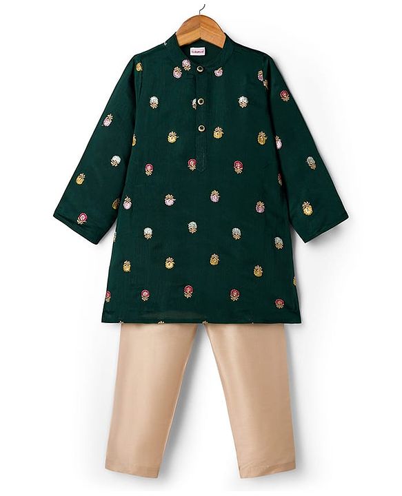Babyhug Brocade Woven Full Sleeves Kurta Pajama Set with Floral Embroiderey -  Green