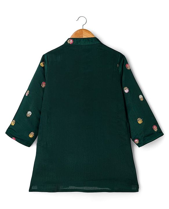 Babyhug Brocade Woven Full Sleeves Kurta Pajama Set with Floral Embroiderey -  Green