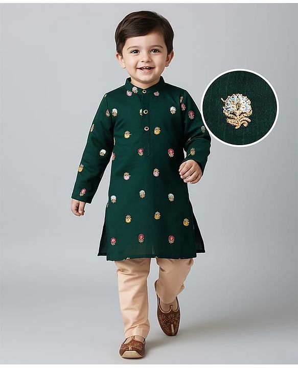 Babyhug Brocade Woven Full Sleeves Kurta Pajama Set with Floral Embroiderey -  Green