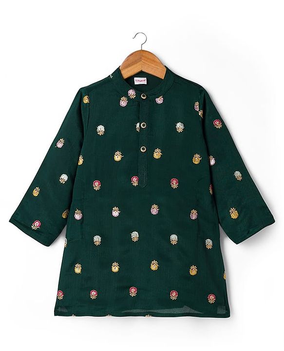 Babyhug Brocade Woven Full Sleeves Kurta Pajama Set with Floral Embroiderey -  Green