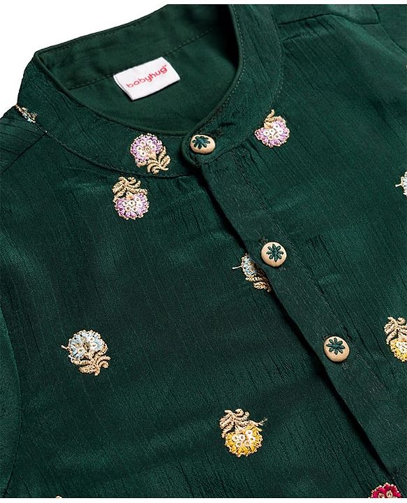 Babyhug Brocade Woven Full Sleeves Kurta Pajama Set with Floral Embroiderey -  Green