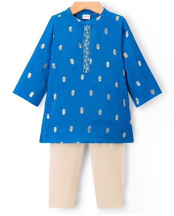 Babyhug Woven Full Sleeves Kurta Pajama Set With Floral Foil Print - Blue