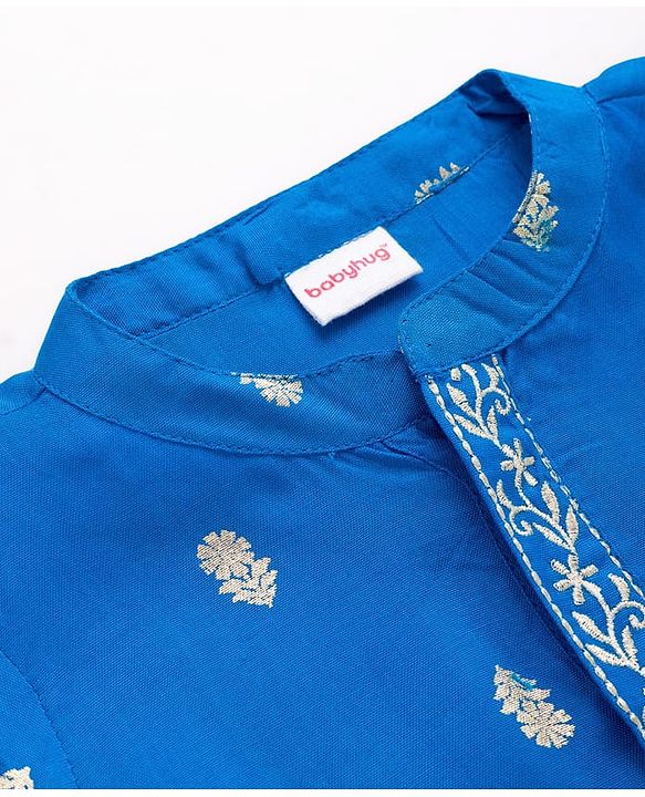 Babyhug Woven Full Sleeves Kurta Pajama Set With Floral Foil Print - Blue