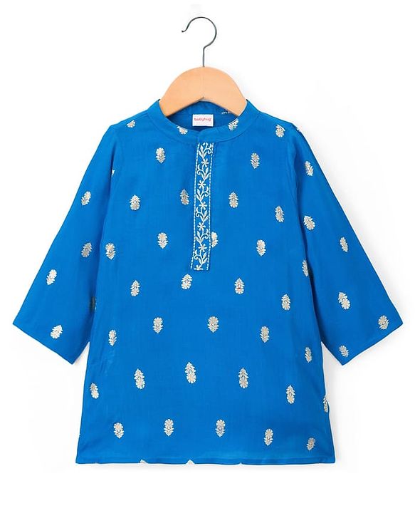 Babyhug Woven Full Sleeves Kurta Pajama Set With Floral Foil Print - Blue