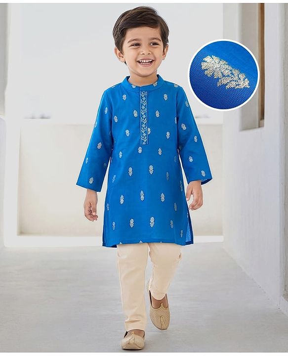 Babyhug Woven Full Sleeves Kurta Pajama Set With Floral Foil Print - Blue