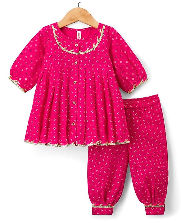 Babyhug Cotton Woven Three Fourth Sleeves Kurta Salwar Set With Floral Pint - Fuchsia