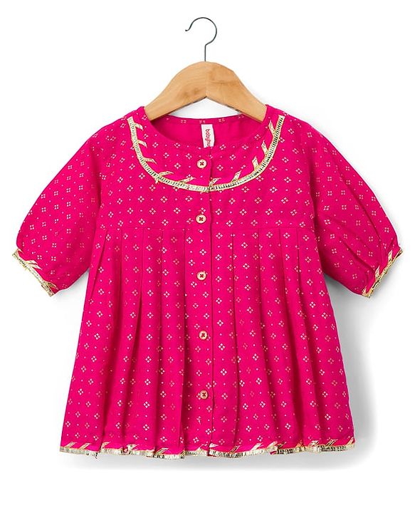 Babyhug Cotton Woven Three Fourth Sleeves Kurta Salwar Set With Floral Pint - Fuchsia