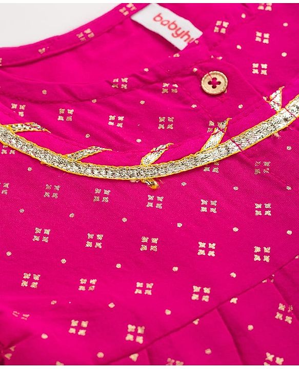 Babyhug Cotton Woven Three Fourth Sleeves Kurta Salwar Set With Floral Pint - Fuchsia