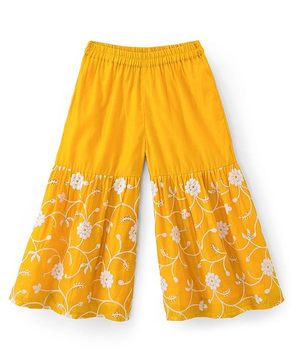Babyhug Chanderi Woven Three Fourth Sleeves Kurta Sharara & Dupatta Set With Floral Embroidery - Yellow