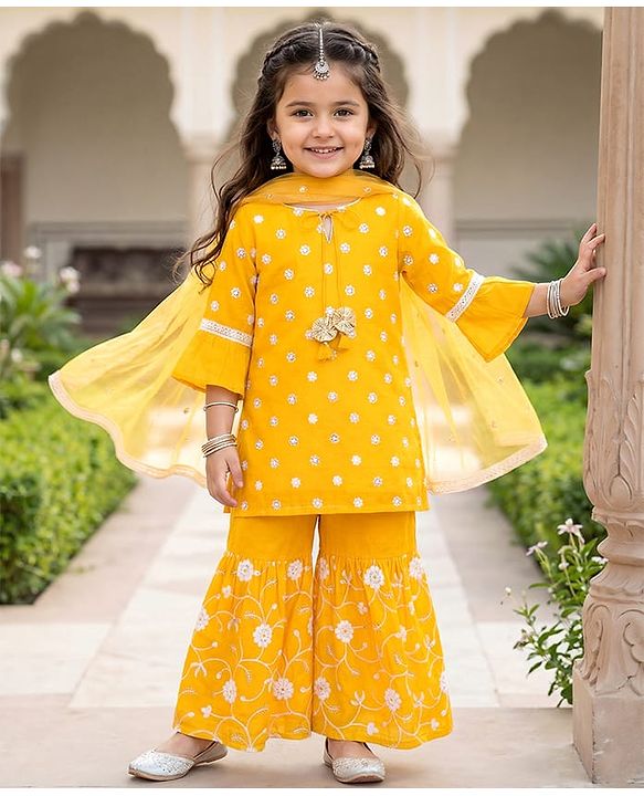 Babyhug Chanderi Woven Three Fourth Sleeves Kurta Sharara & Dupatta Set With Floral Embroidery - Yellow