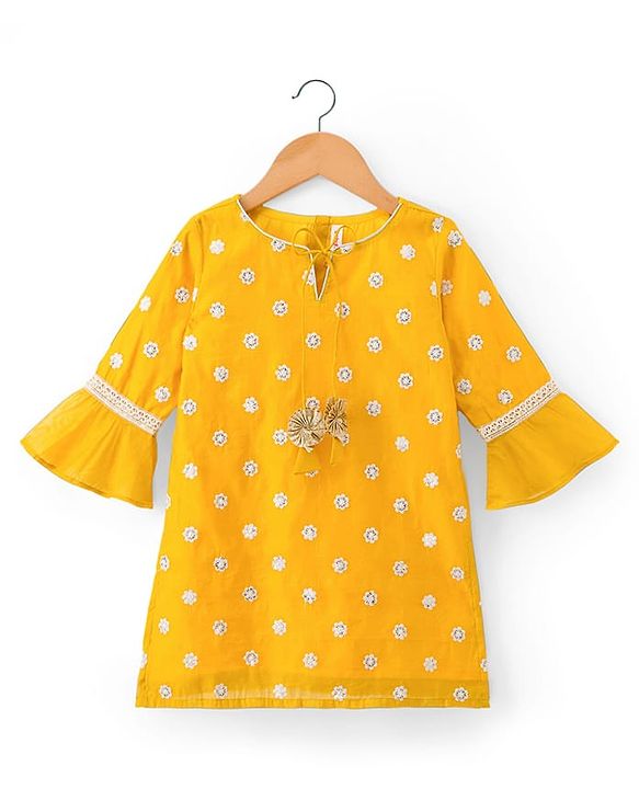 Babyhug Chanderi Woven Three Fourth Sleeves Kurta Sharara & Dupatta Set With Floral Embroidery - Yellow