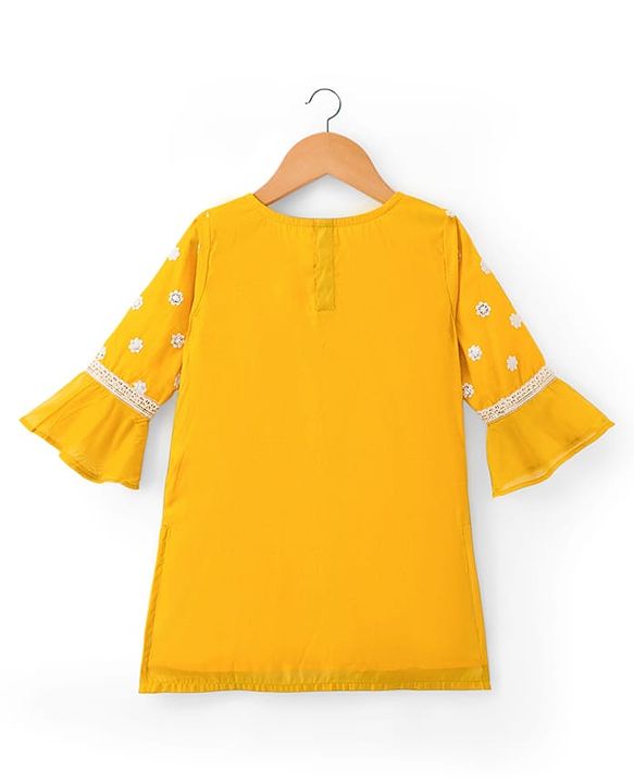 Babyhug Chanderi Woven Three Fourth Sleeves Kurta Sharara & Dupatta Set With Floral Embroidery - Yellow