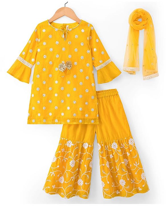 Babyhug Chanderi Woven Three Fourth Sleeves Kurta Sharara & Dupatta Set With Floral Embroidery - Yellow