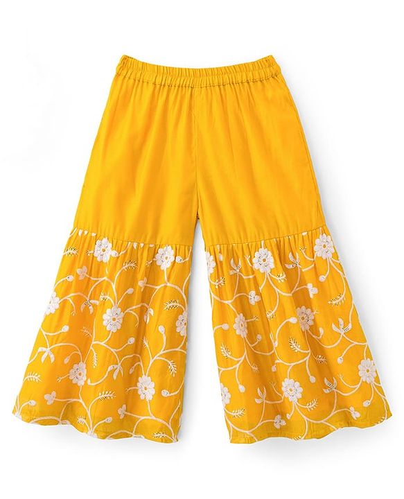 Babyhug Chanderi Woven Three Fourth Sleeves Kurta Sharara & Dupatta Set With Floral Embroidery - Yellow