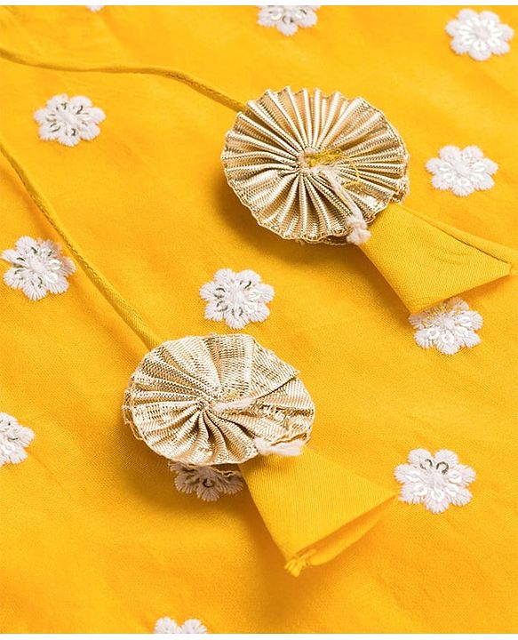Babyhug Chanderi Woven Three Fourth Sleeves Kurta Sharara & Dupatta Set With Floral Embroidery - Yellow