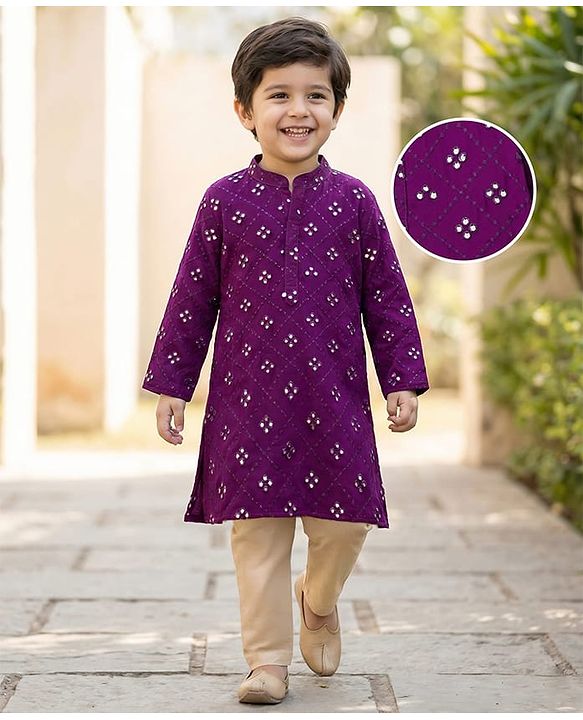 Babyhug Georgette Woven Full Sleeves Kurta Pajama Set With Mirror Embroidered - Purple