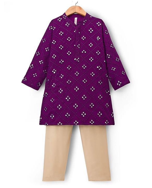 Babyhug Georgette Woven Full Sleeves Kurta Pajama Set With Mirror Embroidered - Purple