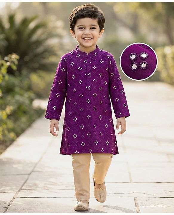 Babyhug Georgette Woven Full Sleeves Kurta Pajama Set With Mirror Embroidered - Purple