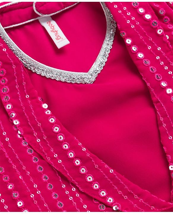Babyhug Georgette Woven Top & Palazzo Set With Three Fourth Sleeves Embroidered Jacket - Fuchsia