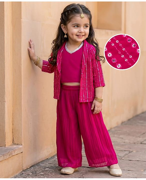 Babyhug Georgette Woven Top & Palazzo Set With Three Fourth Sleeves Embroidered Jacket - Fuchsia