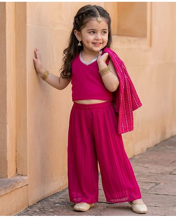 Babyhug Georgette Woven Top & Palazzo Set With Three Fourth Sleeves Embroidered Jacket - Fuchsia