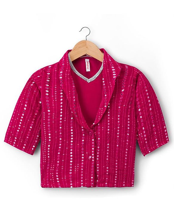 Babyhug Georgette Woven Top & Palazzo Set With Three Fourth Sleeves Embroidered Jacket - Fuchsia
