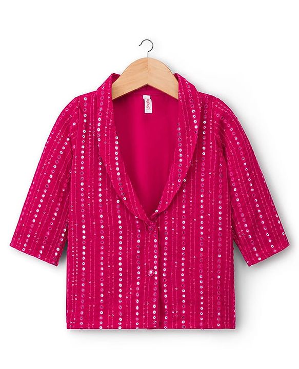 Babyhug Georgette Woven Top & Palazzo Set With Three Fourth Sleeves Embroidered Jacket - Fuchsia