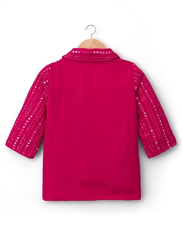 Babyhug Georgette Woven Top & Palazzo Set With Three Fourth Sleeves Embroidered Jacket - Fuchsia