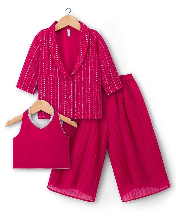 Babyhug Georgette Woven Top & Palazzo Set With Three Fourth Sleeves Embroidered Jacket - Fuchsia