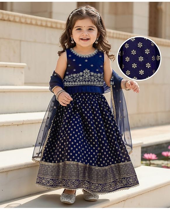Babyhug Sleeveless Georgett Woven Foil Printed Choli Lahenga with Dupatta -  Navy