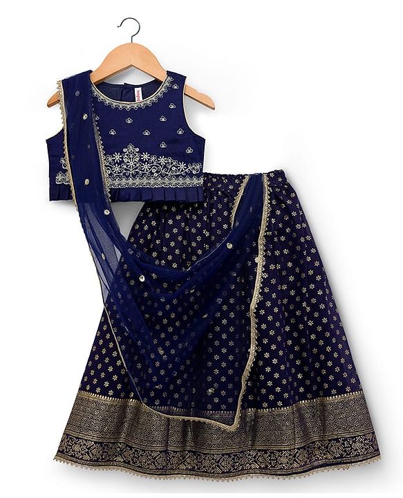 Babyhug Sleeveless Georgett Woven Foil Printed Choli Lahenga with Dupatta -  Navy