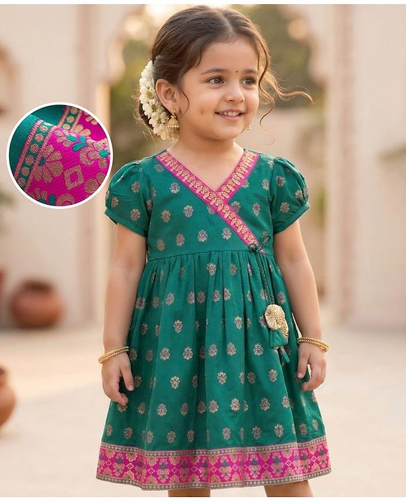 Babyhug Brocade Woven Half Sleeves Ethnic Dress With Floral Print - Green