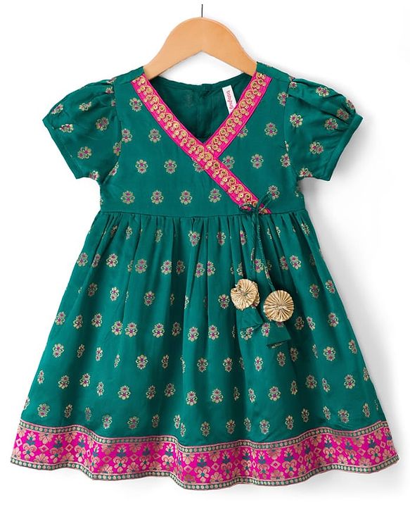 Babyhug Brocade Woven Half Sleeves Ethnic Dress With Floral Print - Green