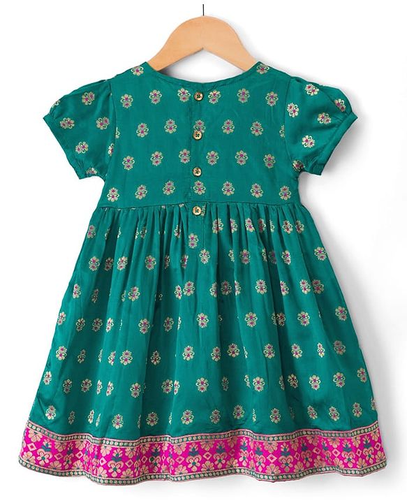 Babyhug Brocade Woven Half Sleeves Ethnic Dress With Floral Print - Green