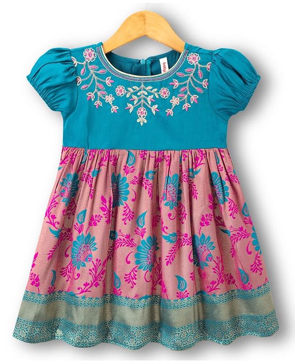 Babyhug Brocade Woven Half Sleeves Ethnic Dress With Floral Embroidery & Print - Fuschia