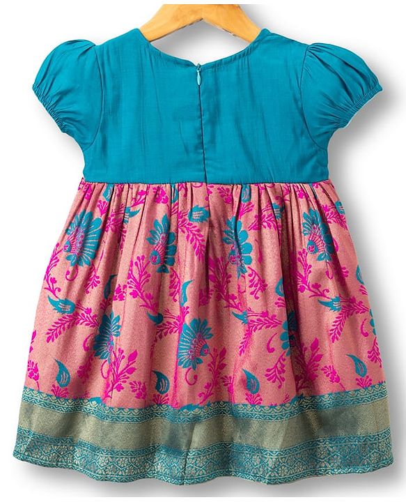 Babyhug Brocade Woven Half Sleeves Ethnic Dress With Floral Embroidery & Print - Fuschia