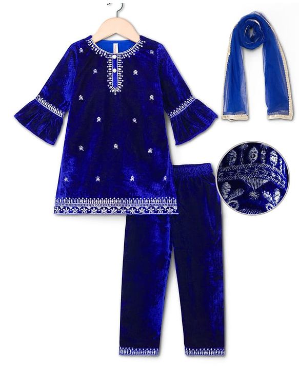 Babyhug Velvet Three Fourth Sleeves Embroidered Kurti Salwar Set with Dupatta - Royal Blue