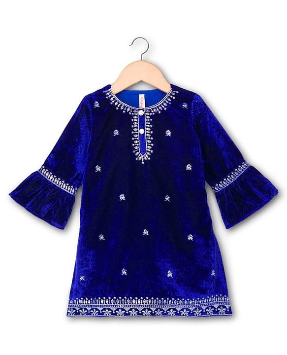 Babyhug Velvet Three Fourth Sleeves Embroidered Kurti Salwar Set with Dupatta - Royal Blue