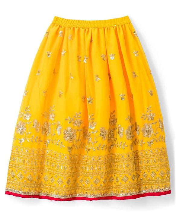 Babyhug Brocade Woven Half Frill Sleeves Choli Lehenga Set with Dupatta Embroidery & Sequin Detailing - Yellow