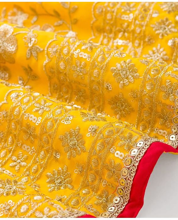 Babyhug Brocade Woven Half Frill Sleeves Choli Lehenga Set with Dupatta Embroidery & Sequin Detailing - Yellow
