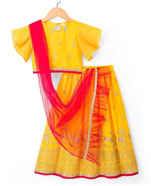 Babyhug Brocade Woven Half Frill Sleeves Choli Lehenga Set with Dupatta Embroidery & Sequin Detailing - Yellow