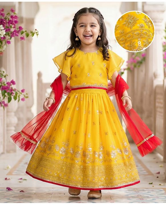 Babyhug Brocade Woven Half Frill Sleeves Choli Lehenga Set with Dupatta Embroidery & Sequin Detailing - Yellow