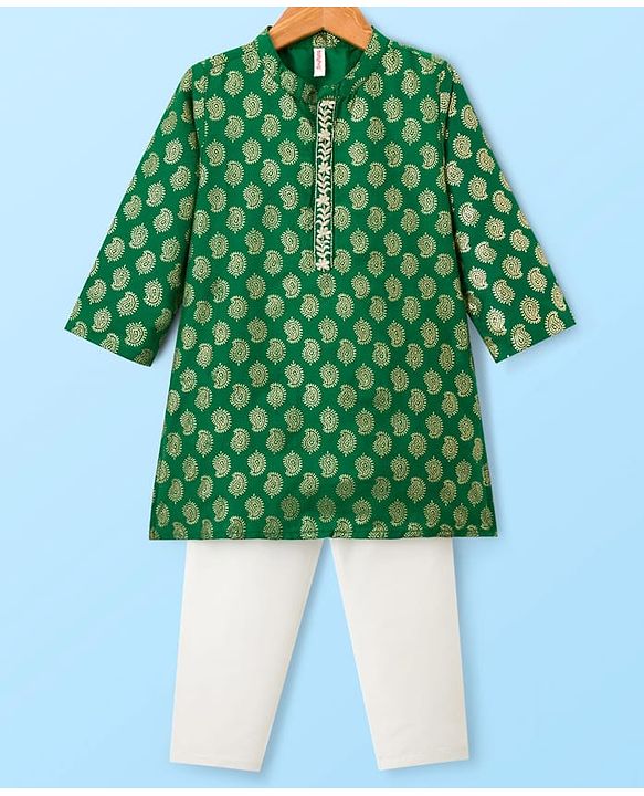Babyhug Woven Full Sleeves Kurta Pajama Set With Floral Foil Print - Green