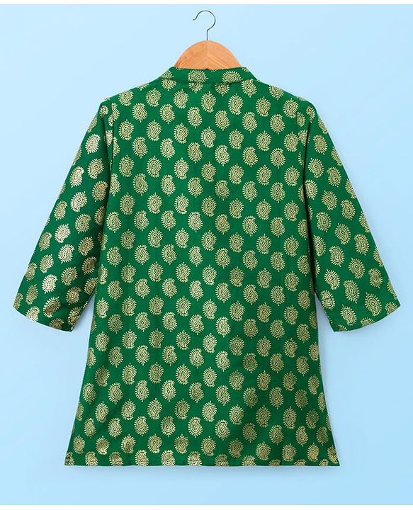 Babyhug Woven Full Sleeves Kurta Pajama Set With Floral Foil Print - Green