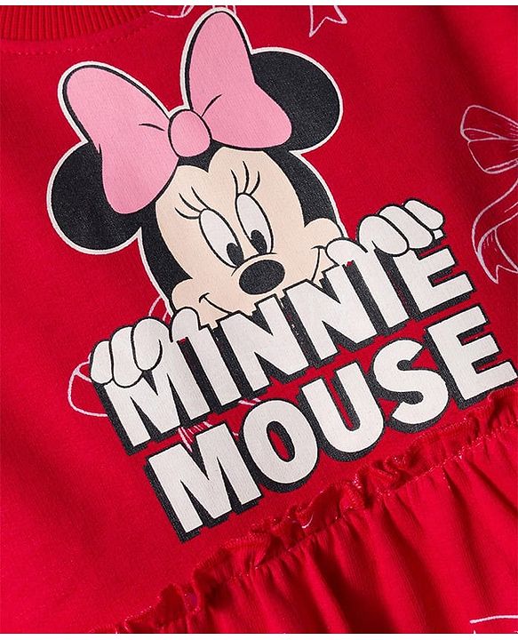 Babyhug Disney Single Jersey Knit Full Sleeves Frock With Minnie Mouse Graphics - Red