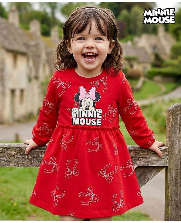 Babyhug Disney Single Jersey Knit Full Sleeves Frock With Minnie Mouse Graphics - Red