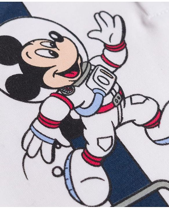 Babyhug Disney Interlock Knit Full Sleeves Hooded Romper With Mickey Mouse Graphics & Badge Detailing - White